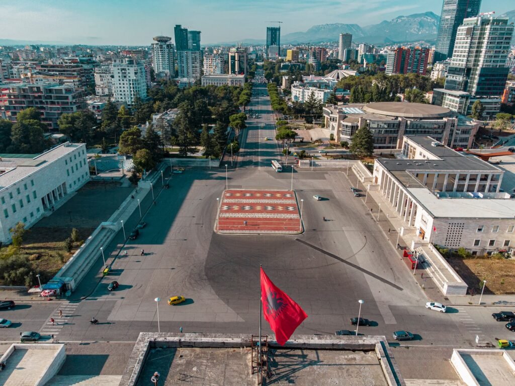 Drone Shot of Skanderbeg Square in Tirana, Albania