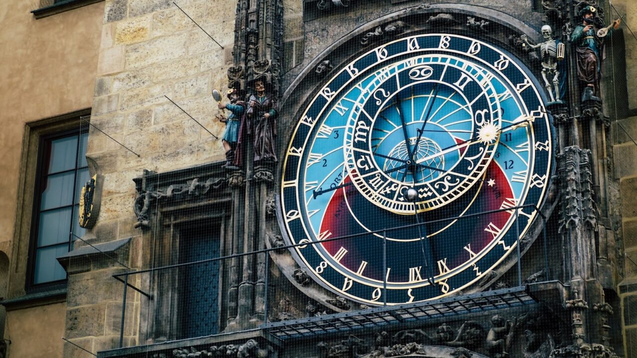 round black and blue clock tower