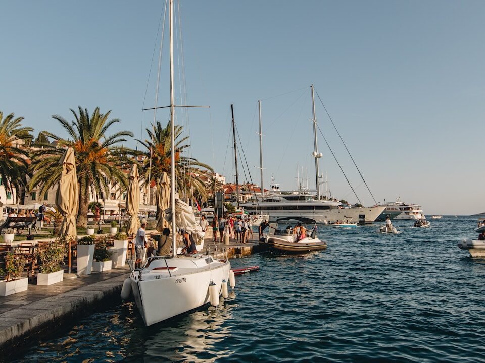 a group of boats in a harbor