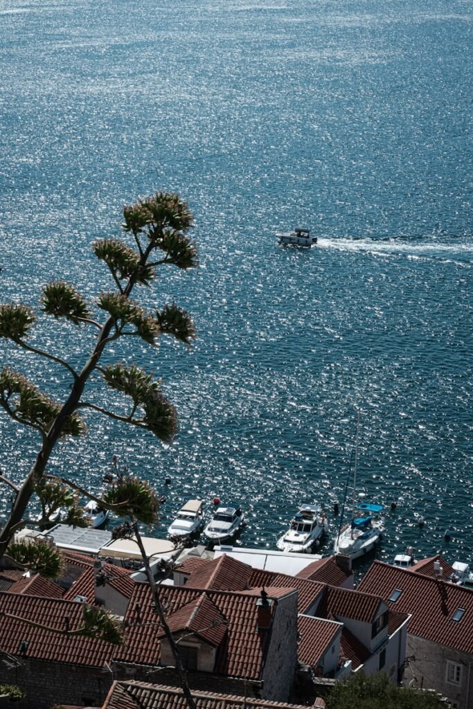 a boat is out on the water near some houses