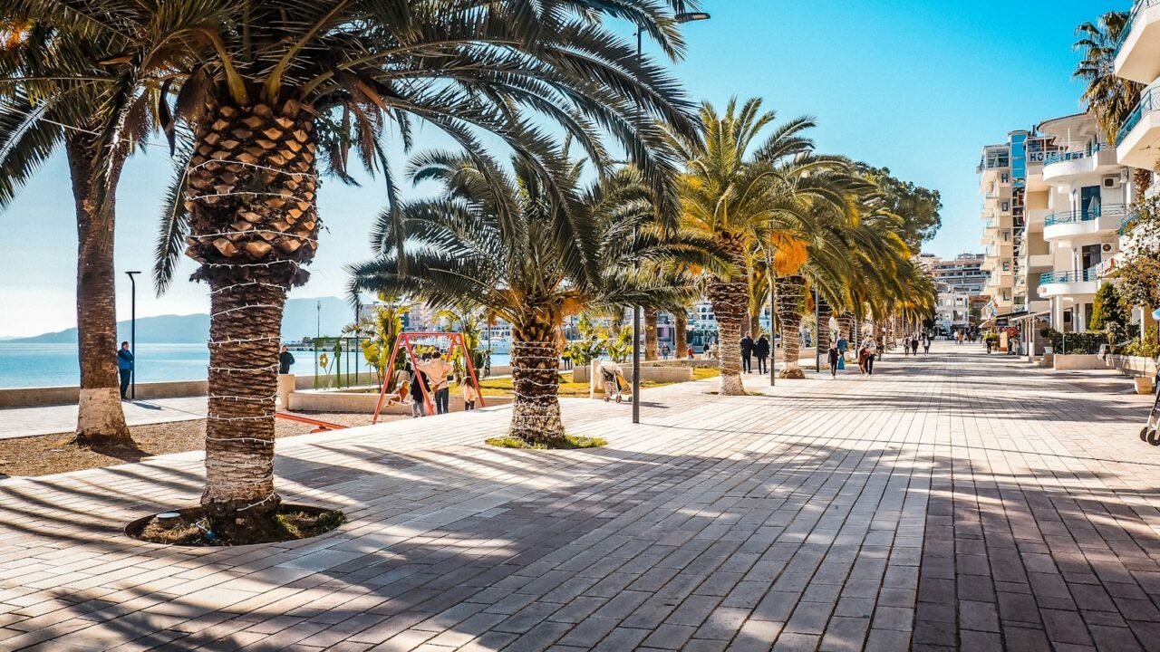 a palm tree lined street next to the ocean